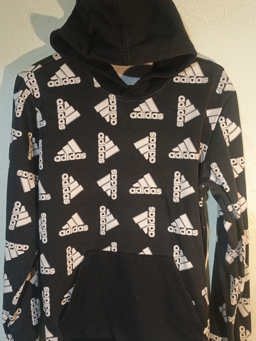 Men's S Adidas Logo All Over Black Hooded Jacket